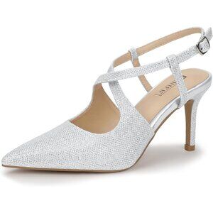 Women's Silver Closed Pointed Toe Heels Low Stilettos Pumps Slingback Shoes